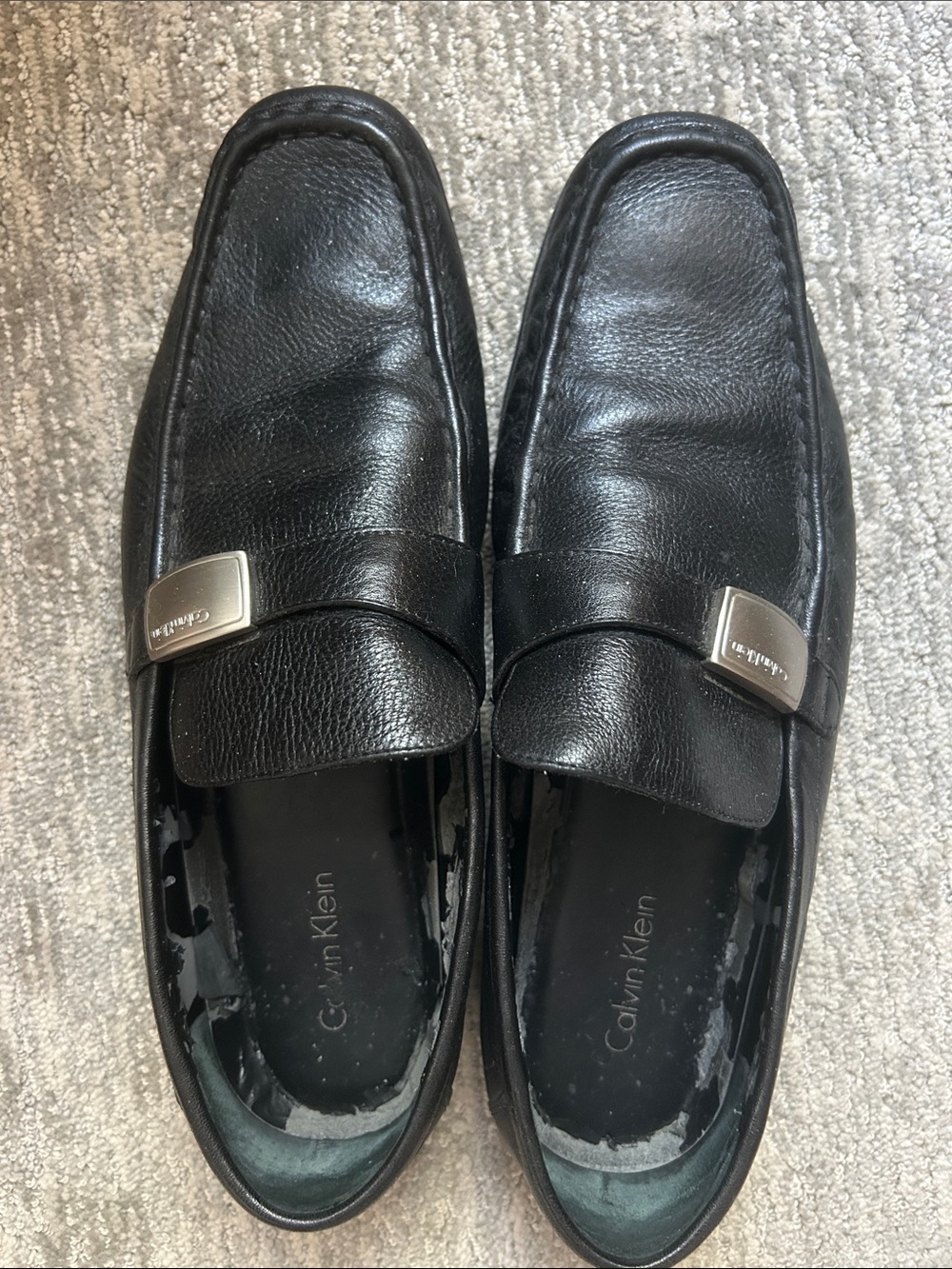 Calvin Klein Black Leather Slip-On Loafers with Silver Accents